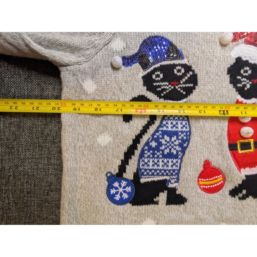 Karen Scott‎ Christmas Cats Sweater 3D Gray Knit Grandmacore Women's Large L - Picture 5 of 7